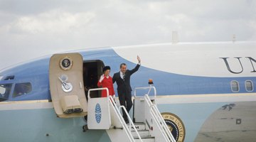 President Richard Nixon and wife Pat exit Air Force One in Heathrow Airport, England in 1970