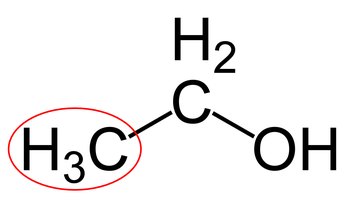 Structure of an ethanol molecule, with the methyl group circled in red