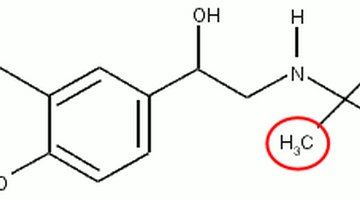 Structure of an albuterol molecule, with a methyl group circled in red