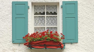 Red flowers in a window box between wood shutters painted turquoise..
