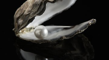 Cultured pearl on black background defines iridescent finish.