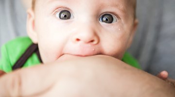 Baby girl (15-18 months) sitting on bed, biting toy