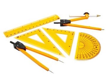 Basic drafting tools including compasses, squares, a protractor and a ruler.