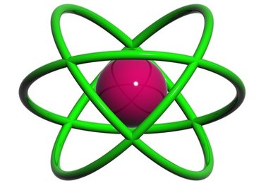 An atom's nucleus consists of protons and neutrons, and electrons orbit the nucleus.