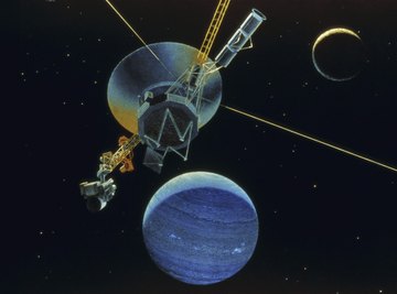 Rendering of Voyager 2 with planet Neptune and moon Triton