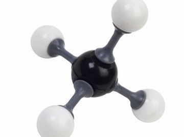 Model of a methane molecule showing four hydrogens bonded to a central carbon atom.