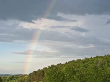 A rainbow arching through the sunshine and clouds in the sky over a forest.