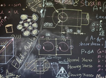 Formulas pertaining to electronics on a classroom chalkboard.