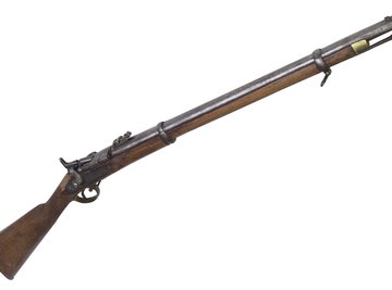 The barrel of a flintlock rifle is blued steel.