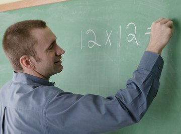 Teacher writing multiplication on board.