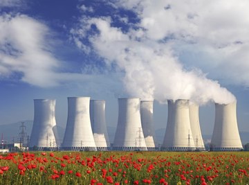 Cooling towers behind a flower field.