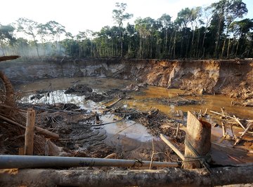 View of illegal gold mining operations found by authorities in the Amazon lowlands of Peru