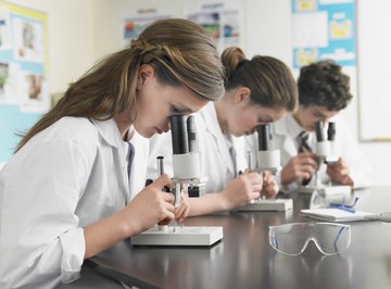 High school students looking through microscopes