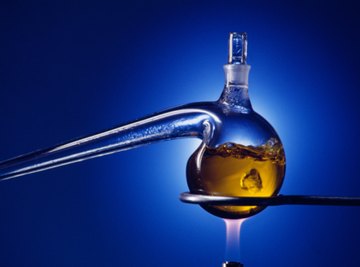 Distillation flasks are used to separate liquid mixtures in the lab.