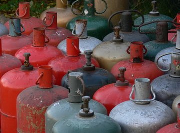 Butane gas is sold in containers.