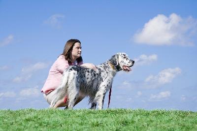 Girl with the dog image by Alexey Stiop from Fotolia.com Get down on your dog's level to greet him.
