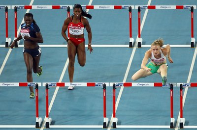 Mark Dadswell/Getty Images Sport/Getty Images Sally Pearson of Australia throws her lead leg over the hurdle on her way to London Olympic gold.