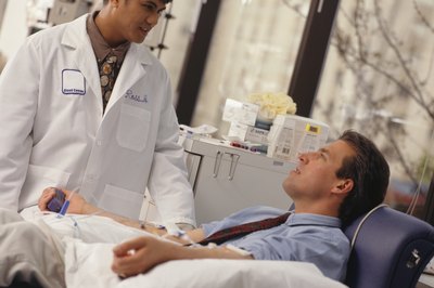 Keith Brofsky/Digital Vision/Getty Images At a blood donation drive, phlebotomy technicians make donors comfortable.