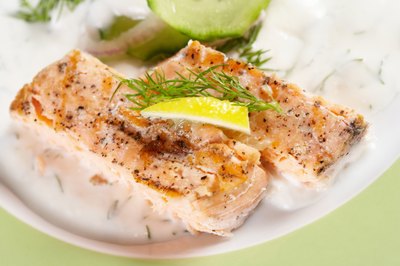 Jupiterimages/Photos.com/Getty Images Salmon is a good source of protein and healthy fat.