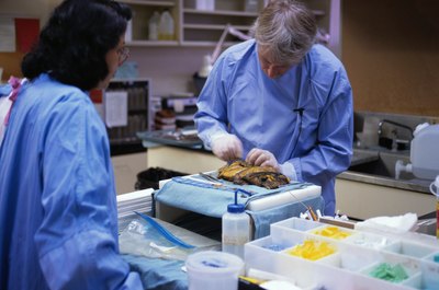 Keith Brofsky/Stockbyte/Getty Images Pathologists perform autopsies and other examinations to discover the cause of a patient's death.
