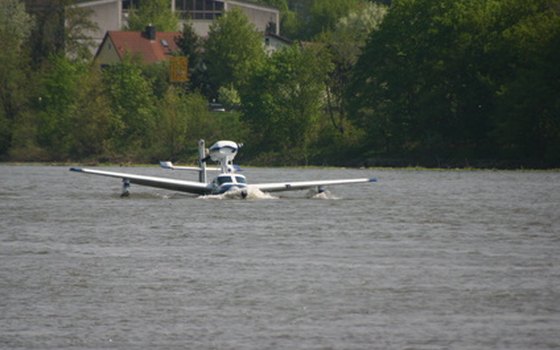 A seaplane makes a landing.