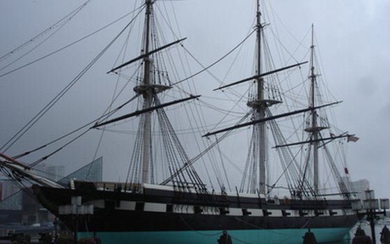 A tall ship docks in Baltimore's harbor.