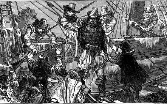 An artist's rendering shows mutineers casting Henry Hudson adrift.
