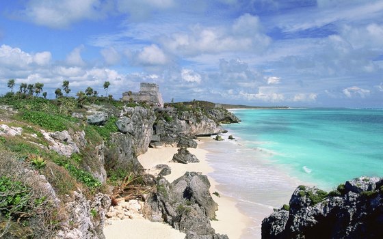 The coast south of Tulum pyramid complex is lined with beach hotels and cabanas.