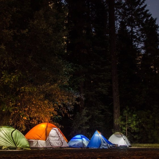 Six tents camping in the woods at night.