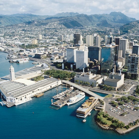 Downtown Honolulu with the Aloha Tower in the forefront.