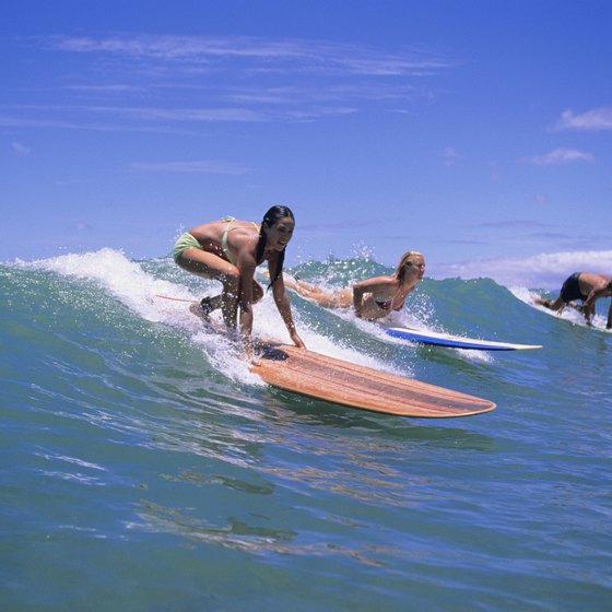 Long board surfers take off on a signature, waist-high long board style wave.