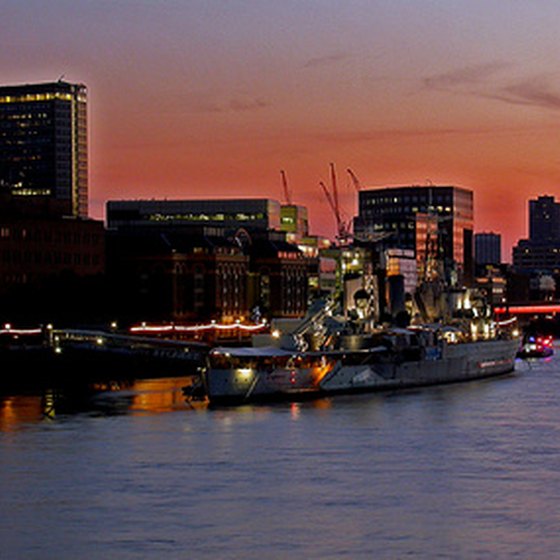 A sunset view of London from the River Thames.