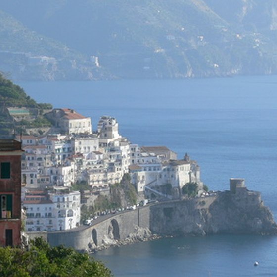 The Amalfi Coast in southern Italy slopes steeply into the Tyrrhenian Sea.