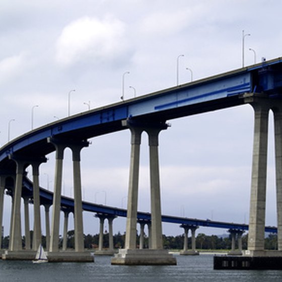 The San Diego-Coronado Bridge connects Coronado Island and San Diego.