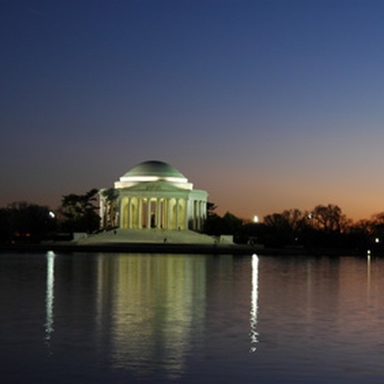 Lights illuminate the white marble of the Jefferson Memorial