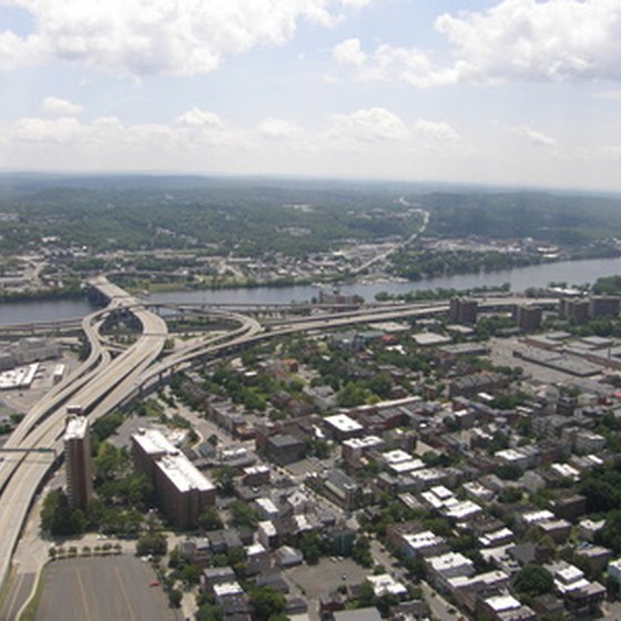 An aerial view of downtown Albany facing the Hudson River.