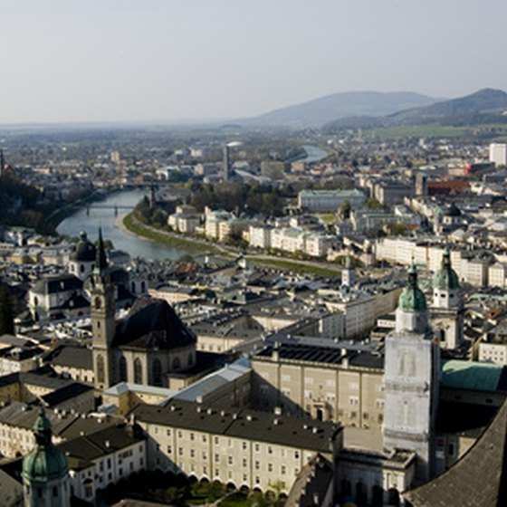 Salzburg city center is bisected by the winding Salzach River.