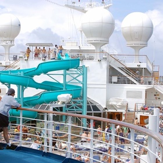 Passengers enjoy the pool view aboard a cruise ship.