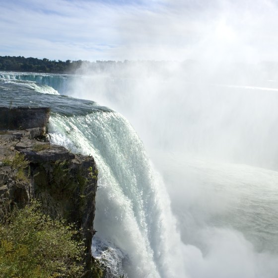 Horseshoe Falls, American Falls and Bridal Veil Falls join together to form Niagara Falls.