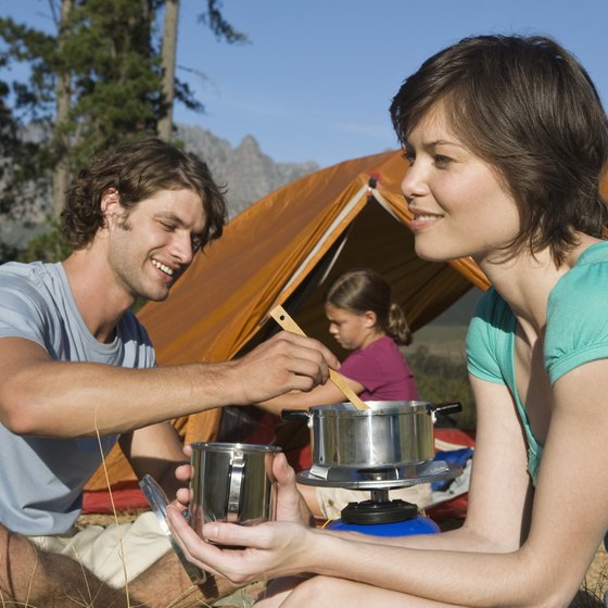 A camp kitchen box holds you pots, pans, stove, utensils, plates, cups and other cooking equipment.