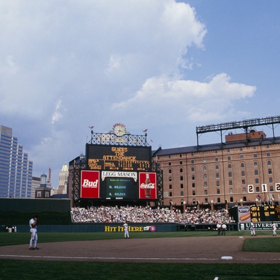 An opening in the outfield wall at Camden Yards frames downtown Baltimore.