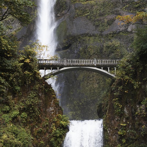 Water cascades from Multnomah Falls into the Columbia River Gorge.