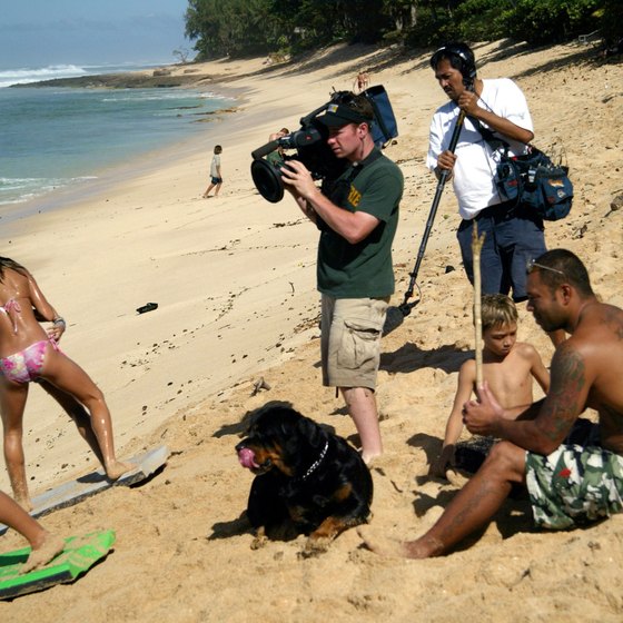 Sunny Garcia, pro surfer, at Oahu's Haleiwa beach with his dog and family.