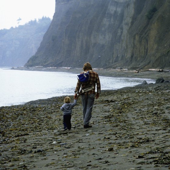 A father and son walk in the sand beneath the Palos Verdes cliffs.