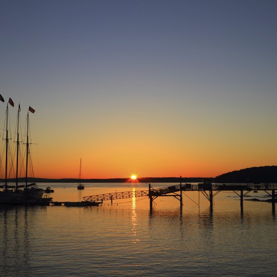 Sunrise puts boats at Bar Harbor, Maine, in stark relief.