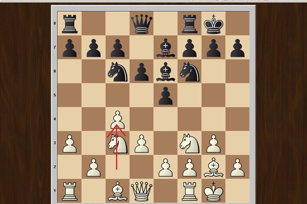 Una forma típica de apertura inglesa basada en 1.c4 (flecha roja).