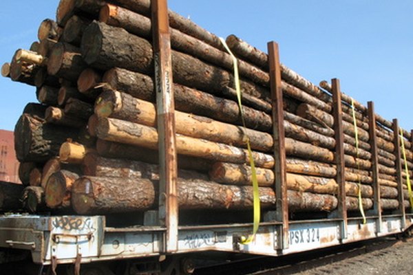Las correas de carga se utilizan para asegurar los troncos en este vagón con plataforma plana.