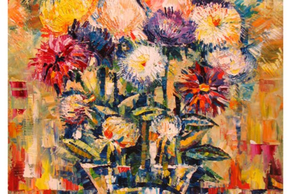 Esta pintura al acrílico sobre lienzo retrata una visión abstracta de un jarrón de flores.