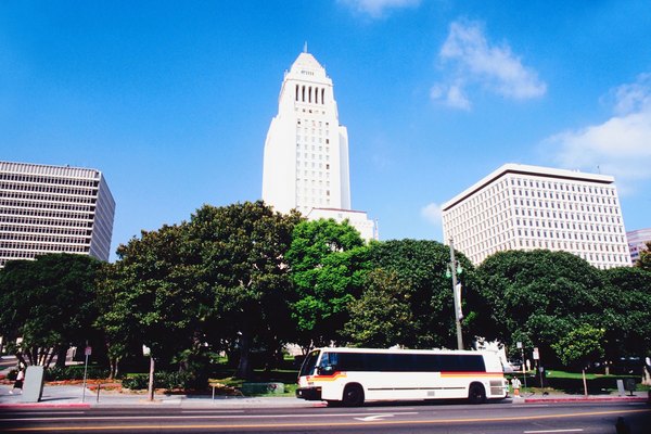 Street with bus and high rises in Los Angeles, California