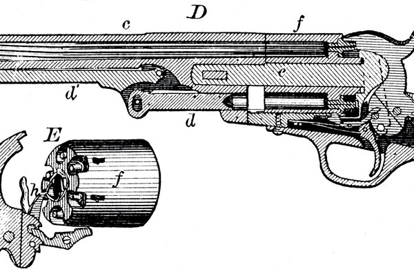 Los primerios diseños de Colt utilizaban pólvora negra, tapas y bolas de plomo blando.